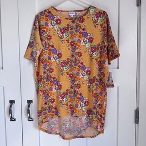 NWT LuLaRoe Irma Disney Yellow Floral Top Women's Size XS Hidden Mickey Hi Low